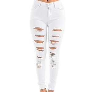 White high rise distressed jeans